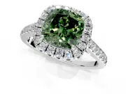 Halo Engagement Ring Setting for Fancy Green Cushion Cut Center with Narrowing Pave Band and Prong Head in Platinum