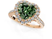 Halo Engagement Ring Setting for Fancy Green Heart-Shaped Center with Narrowing Pave Band and Prong Head in Rose Gold