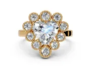 Cluster Halo Engagement Ring Setting for Heart-Shaped Center with Milgrain Bezel Accents and Prong Head in Yellow Gold