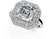Halo Engagement Ring Setting for Asscher Cut Center with Plain Tapered Band and Prong Head in Platinum