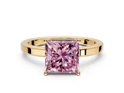 Hidden Halo Engagement Ring Setting for Fancy Pink Princess Cut Center with Wide Flat Plain Band and Prong Head in Yellow Gold