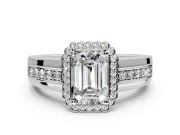 Halo Engagement Ring Setting for Emerald Cut Center with Wide Band, Inlaid Accent Row and Prong Head in Sterling Silver