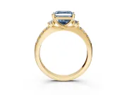 Paired Accent Engagement Ring Setting for Fancy Blue Asscher Cut Center with Pave Band and Prong Head in Yellow Gold