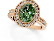 Halo Engagement Ring Setting for Fancy Green Oval Center with Milgrain Halo, Pave Band and Prong Head in Rose Gold