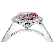 Halo Engagement Ring Setting for Fancy Pink Heart-Shaped Center with Narrowing Pave Band and Prong Head in Platinum