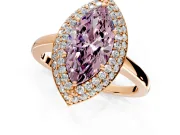 Halo Engagement Ring Setting for Fancy Pink Marquise Center with Plain Tapered Band and Prong Head in Rose Gold