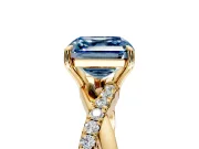 Crossover Engagement Ring Setting for Fancy Blue Asscher Cut Center with Pave and Plain Strands and Prong Head in Yellow Gold
