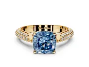 Solitaire Engagement Ring Setting for Fancy Blue Cushion Cut Center with Multi-Row Accents and Prong Head in Yellow Gold