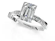 Side Accent Engagement Ring Setting for Emerald Cut Center with Accent Shoulders and Prong Head in White Gold