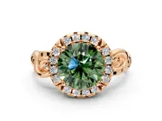 Halo Engagement Ring Setting for Fancy Green Round Cut Center with Open Scroll Shoulders and Prong Head in Rose Gold