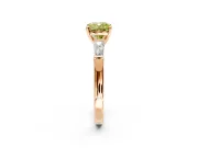 3 Stone Engagement Ring Setting for Fancy Yellow Cushion Cut Center with Tapered Baguettes, Plain Band and Prong Head in Rose Gold
