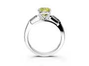 3 Stone Engagement Ring Setting for Fancy Yellow Cushion Cut Center with Tapered Baguettes, Plain Band and Prong Head in Platinum