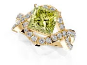 Halo Engagement Ring Setting for Fancy Yellow Princess Cut Center with Pave Infinity Twist Band and Prong Head in Yellow Gold