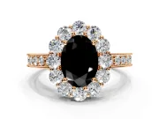 Halo Engagement Ring Setting for Fancy Black Oval Center with Milgrain Channel Band and Prong Head in Rose Gold
