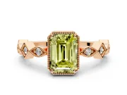 Milgrain Bezel Engagement Ring Setting for Fancy Yellow Emerald Cut Center with Marquise Stations and Bezel Head in Rose Gold