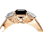 3 Stone Engagement Ring Setting for Fancy Black Emerald Cut Center with Raised Basket Heads and Prong Head in Rose Gold