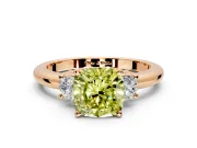 3 Stone Engagement Ring Setting for Fancy Yellow Cushion Cut Center with Wide Plain Band and Prong Head in Rose Gold