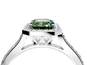 Halo Engagement Ring Setting for Fancy Green Emerald Cut Center with Pave Accents, Heart Basket and Prong Head in Platinum