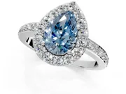 Halo Engagement Ring Setting for Fancy Blue Pear-Shaped Center with Heart-Shaped Openwork, Pave Band and Prong Head in Platinum