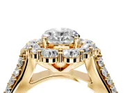 Large Accent Halo Engagement Ring Setting for Oval Center with Pave Split Shank and Prong Head in Yellow Gold