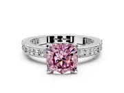 Solitaire Engagement Ring Setting for Fancy Pink Cushion Cut Center with Milgrain-Edged Pave Band and Prong Head in Platinum