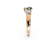 3 Stone Engagement Ring Setting for Fancy Green Heart-Shaped Center with Raised Basket Heads and Prong Head in Rose Gold