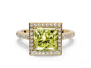 Halo Engagement Ring Setting for Fancy Yellow Princess Cut Center with Pave Accents, Heart Basket and Prong Head in Yellow Gold