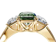 3 Stone Engagement Ring Setting for Fancy Green Radiant Cut Center with Raised Basket Heads and Prong Head in Yellow Gold
