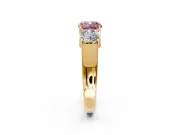3 Stone Engagement Ring Setting for Fancy Pink Cushion Cut Center with Raised Basket Heads and Prong Head in Yellow Gold