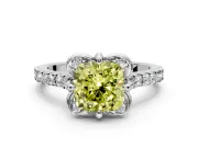 Floral Engagement Ring Setting for Fancy Yellow Cushion Cut Center with Pave Band and Floral Prong Head in Platinum
