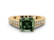 Solitaire Engagement Ring Setting for Fancy Green Asscher Cut Center with Engraved Pave Band and Prong Head in Yellow Gold
