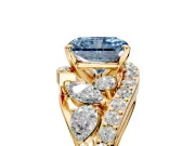 Halo Engagement Ring Setting for Fancy Blue Radiant Cut Center with Marquise and Pave Bypass Band and Prong Head in Yellow Gold