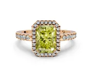 Accent Halo Engagement Ring Setting for Fancy Yellow Radiant Cut Center with Full-Length Pave Band and Prong Head in Rose Gold