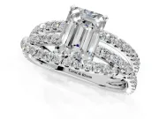 Solitaire Engagement Ring Setting for Emerald Cut Center with Woven 3-Strand Pave Band and Prong Head in Platinum