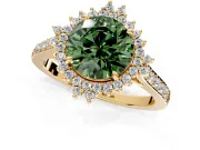 Sunburst Halo Engagement Ring Setting for Fancy Green Round Cut Center with Pave Band and Prong Head in Yellow Gold