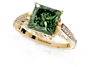 Cathedral Engagement Ring Setting for Fancy Green Princess Cut Center with Antique-Style Pave Band and Prong Head in Yellow Gold