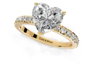 Solitaire Engagement Ring Setting for Heart-Shaped Center with Round Cut Pave Band and Prong Head in Yellow Gold