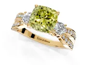 3 Stone Engagement Ring Setting for Fancy Yellow Cushion Cut Center with Pave Twist Band and Prong Head in Yellow Gold