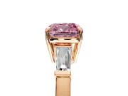 3 Stone Engagement Ring Setting for Fancy Pink Cushion Cut Center with Baguette Accents and Prong Head in Rose Gold