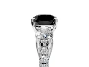 3 Stone Engagement Ring Setting for Fancy Black Cushion Cut Center with Crossover Basket, Pave Band and Prong Head in Platinum