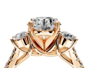 3 Stone Engagement Ring Setting for Round Cut Center with Crossover Basket, Pave Band and Prong Head in Rose Gold
