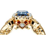 Milgrain Halo Engagement Ring Setting for Fancy Blue Emerald Cut Center with Shoulder Bezels and Prong Head in Yellow Gold