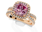 Halo Engagement Ring Setting for Fancy Pink Cushion Cut Center with Double Pave Split Shank and Prong Head in Rose Gold