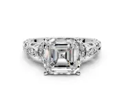 Solitaire Engagement Ring Setting for Asscher Cut Center with Filigree Band and Prong Head in Platinum