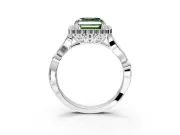 Halo Engagement Ring Setting for Fancy Green Asscher Cut Center with Leaf Motif Split Shank and Prong Head in White Gold