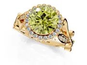 Halo Engagement Ring Setting for Fancy Yellow Round Cut Center with Leaf Motif Split Shank and Prong Head in Yellow Gold