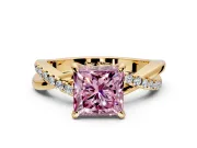 Solitaire Engagement Ring Setting for Fancy Pink Princess Cut Center with Half-Pave Crossover Band and Prong Head in Yellow Gold