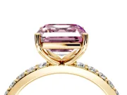 Solitaire Engagement Ring Setting for Fancy Pink Asscher Cut Center with Round Cut Pave Band and Prong Head in Yellow Gold