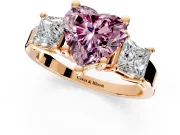 3 Stone Engagement Ring Setting for Fancy Pink Heart-Shaped Center with Matching Side Accents and Prong Head in Rose Gold