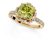 Halo Engagement Ring Setting for Fancy Yellow Cushion Cut Center with Openwork Halo, Pave Band and Prong Head in Yellow Gold